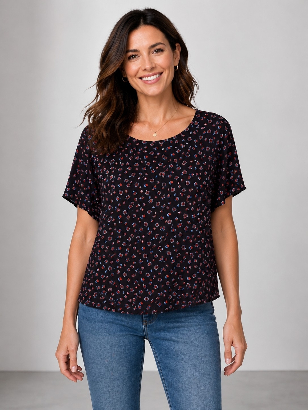 LOFT Black Floral Scoop Neck Blouse with Red and Blue Accents
